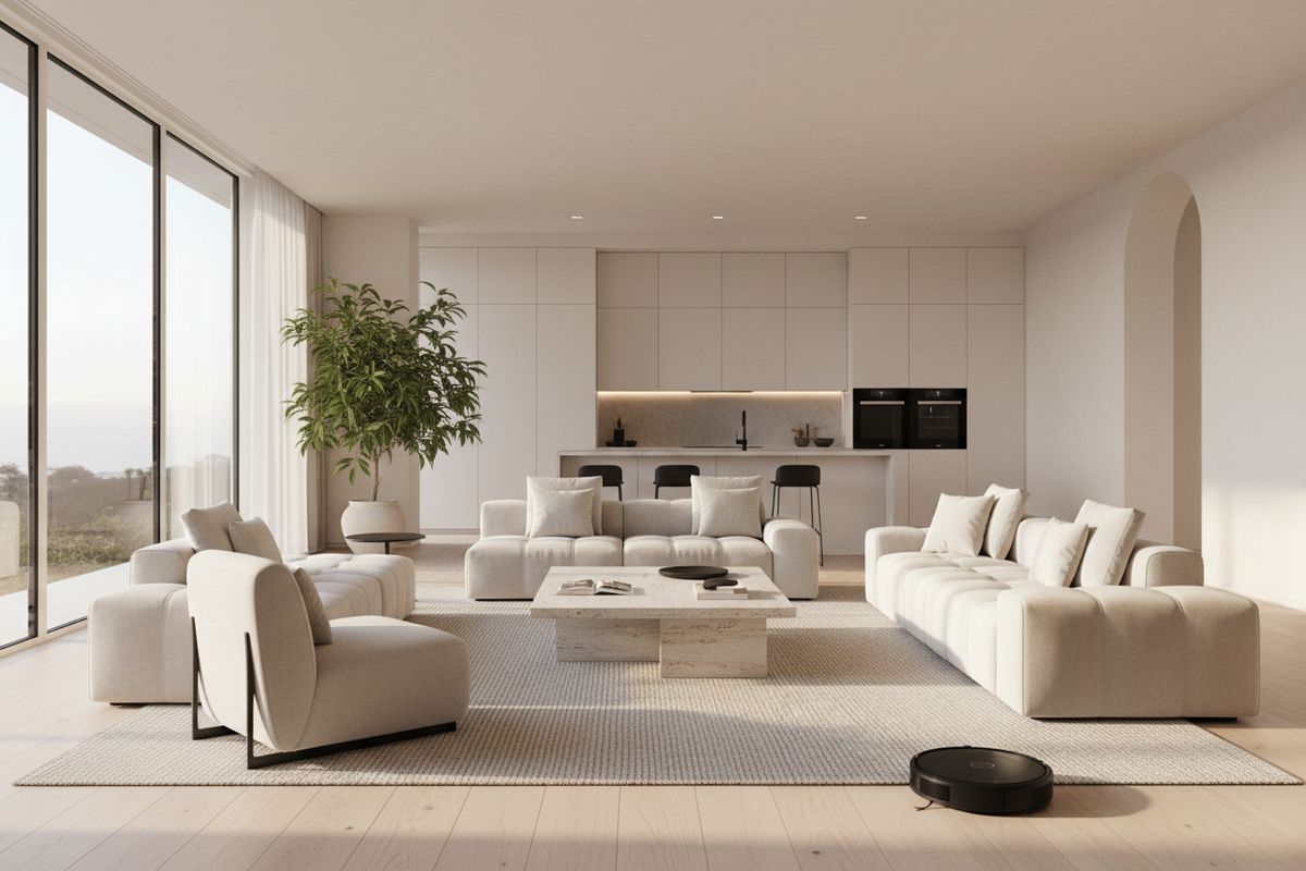 Warm modern living room with a premium robotic vacuum